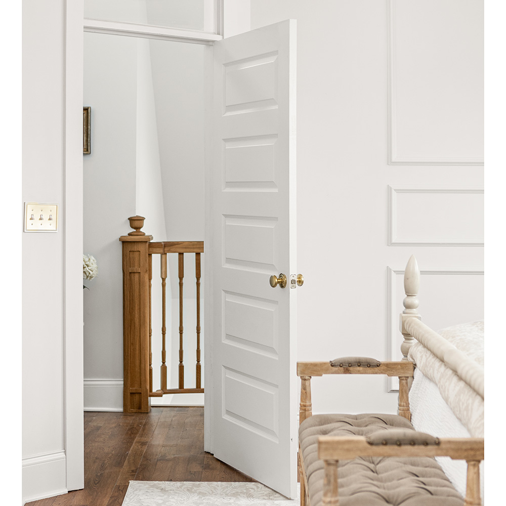 white 5 panel bedroom door opening into hallway
